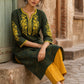 Timeless Bottle Green Ajrakh Print Kurta with Yellow Floral Embroidery