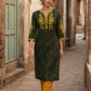 Timeless Bottle Green Ajrakh Print Kurta with Yellow Floral Embroidery