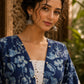 Bold Navy Blue Floral Print Kurta with Ivory Hakoba Cuffs & Pearl Embellished Placket