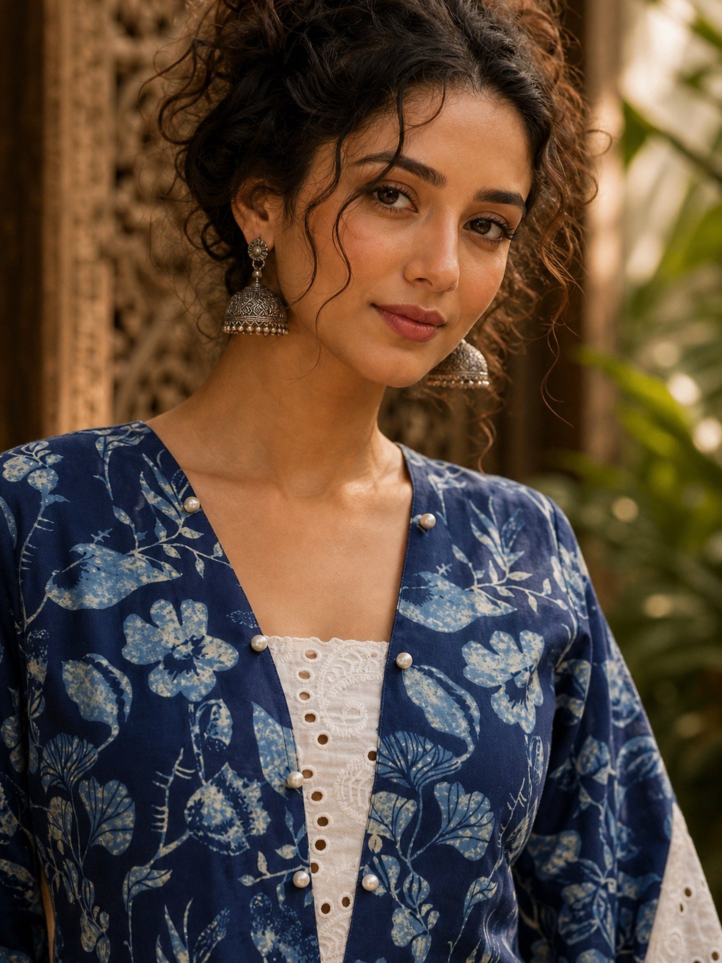 Bold Navy Blue Floral Print Kurta with Ivory Hakoba Cuffs & Pearl Embellished Placket