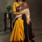 Elegant Cotton mustard and creme saree with black Cotton Ikat Pallu and Kalamkari Border