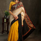 Elegant Cotton mustard and creme saree with black Cotton Ikat Pallu and Kalamkari Border