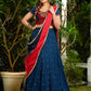 A Modern Royal ensemble - Stunning Jamdani Lehenga Choli with a monochrome blue base & contrast maroon and all over Zardosi embroidery - Shaded Dupatta Optional