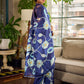 Minimalist Navy Pure Silk Saree with Painted Floral Pallu & Light Blue Trim
