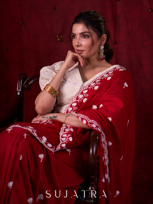 Ruby Red Chanderi Saree Adorned with All-Over Butta & Exquisite Embroidered Border