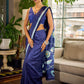 Minimalist Navy Pure Silk Saree with Painted Floral Pallu & Light Blue Trim