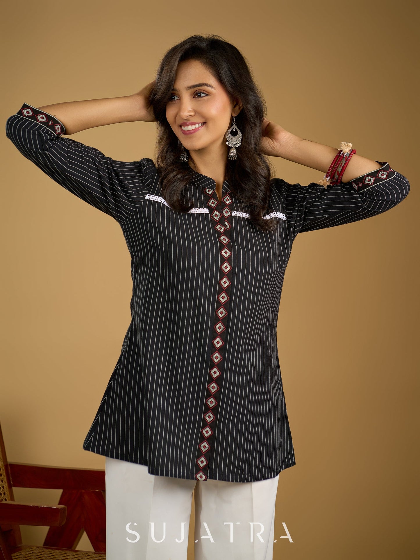 Classy black cotton ikat top with stylish lace details