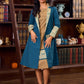 Elegant Teal Cotton Long Jacket Accented with Madhubani Printed Collar, Cuffs and Pocket Flap