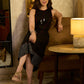 Classic Black A-Line Cotton Dress with Princess Lines, Kantha Detailing & Hand Block Printed Border on Hem