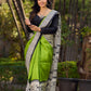 Handloom Green Pure Silk Block Printed Saree with Black & White Warli Motifs