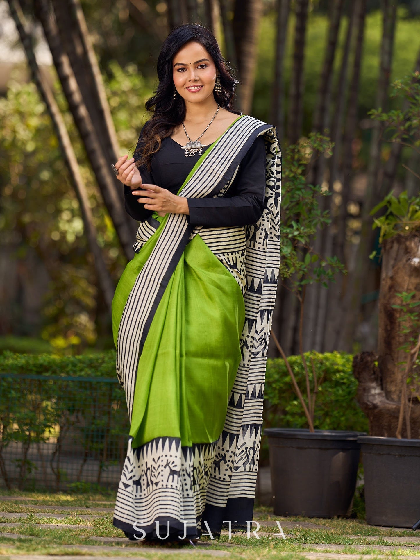 Handloom Green Pure Silk Block Printed Saree with Black & White Warli Motifs