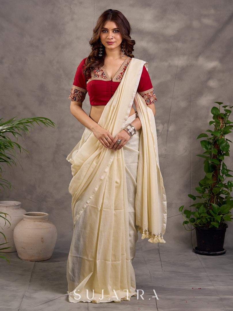 Maroon Cotton Short Sleeve Blouse with Kalamkari Printed Neckline and Sleeve Border Detail