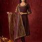 Exquisite Dark Brown Cotton Silk Kali Anarkali with Minimal Hand-Embroidered Neckline & Sleeves