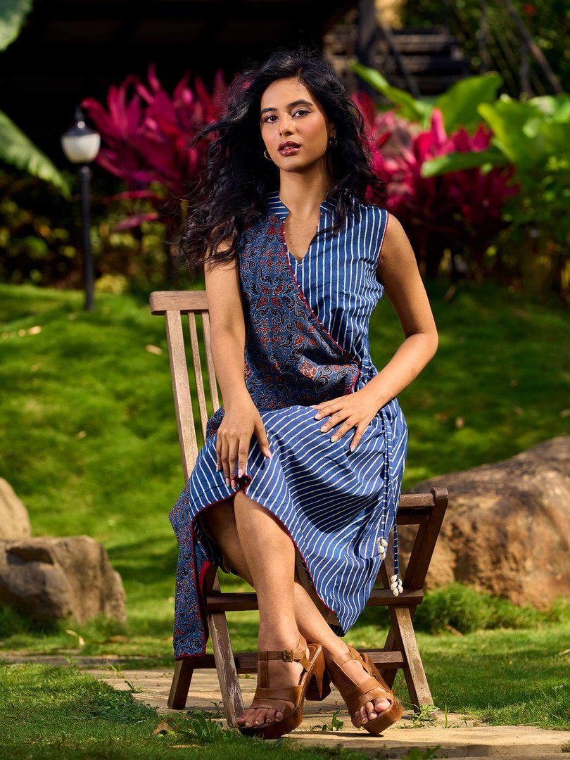 Elegant Ajrakh and Striped Indigo Cotton Wrap Dress with Tie-Up Accents