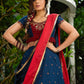 A Modern Royal ensemble - Stunning Jamdani Lehenga Choli with a monochrome blue base & contrast maroon and all over Zardosi embroidery - Shaded Dupatta Optional