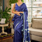 Minimalist Navy Pure Silk Saree with Painted Floral Pallu & Light Blue Trim