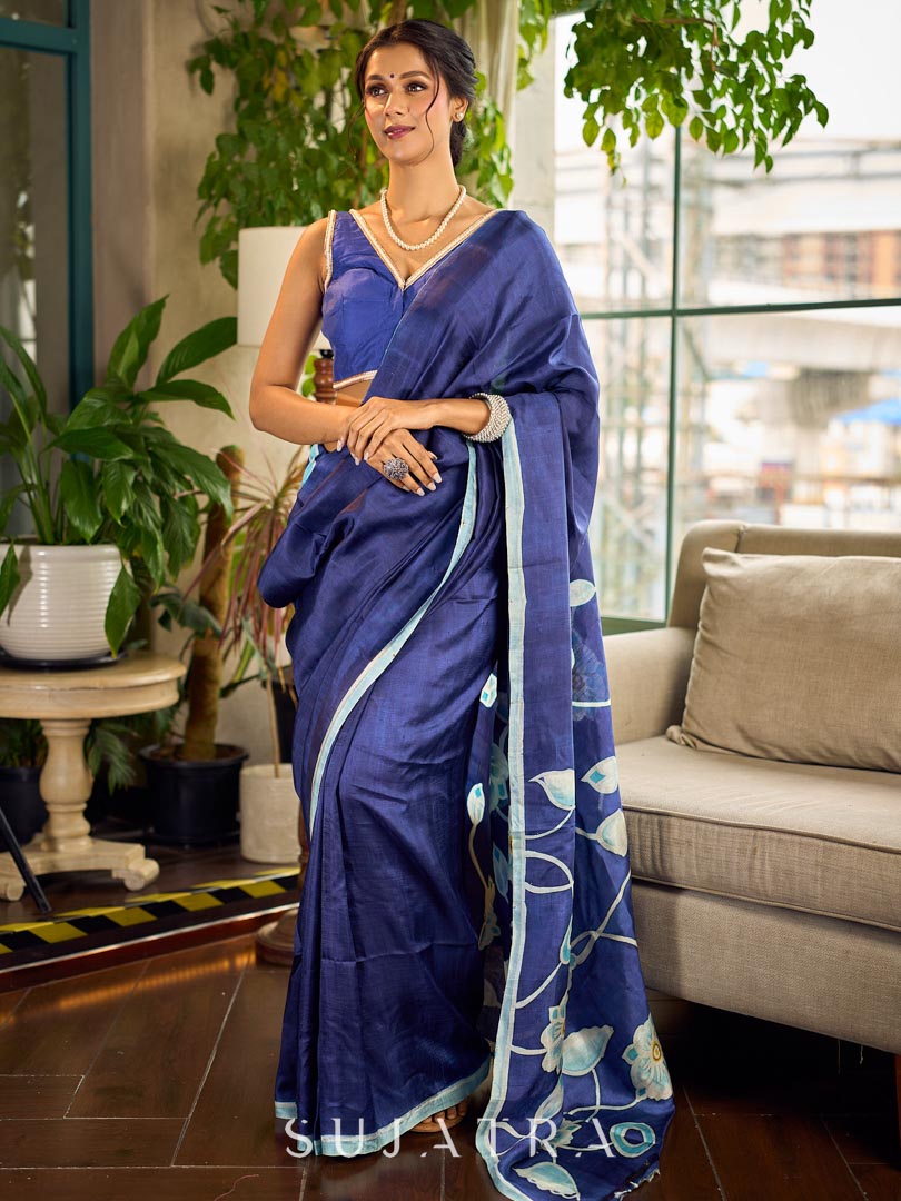 Minimalist Navy Pure Silk Saree with Painted Floral Pallu & Light Blue Trim