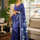 Minimalist Navy Pure Silk Saree with Painted Floral Pallu & Light Blue Trim