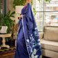 Minimalist Navy Pure Silk Saree with Painted Floral Pallu & Light Blue Trim