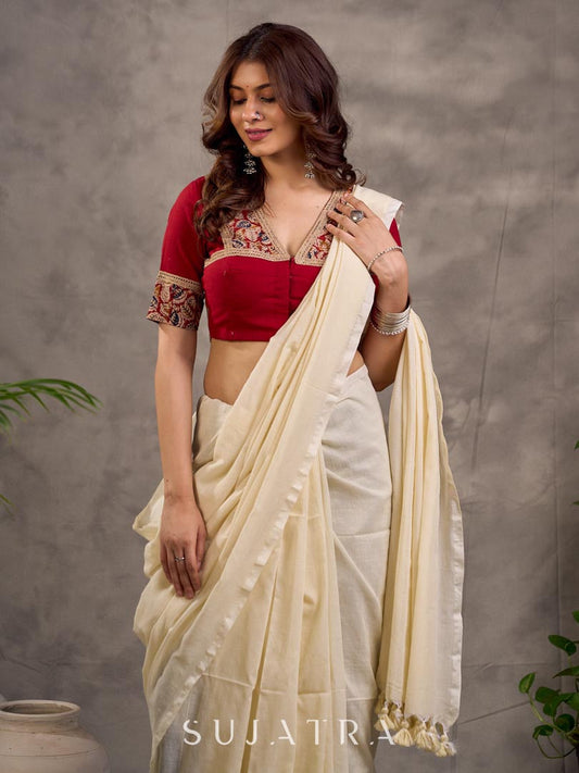 Maroon Cotton Short Sleeve Blouse with Kalamkari Printed Neckline and Sleeve Border Detail