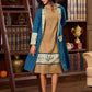 Elegant Teal Cotton Long Jacket Accented with Madhubani Printed Collar, Cuffs and Pocket Flap