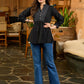 Blissful Black Gathered Cotton Top with Ikat Lines Yoke