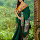 Artisanal cotton saree in bold green with Madhubani hand painted charm