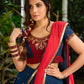 A Modern Royal ensemble - Stunning Jamdani Lehenga Choli with a monochrome blue base & contrast maroon and all over Zardosi embroidery - Shaded Dupatta Optional
