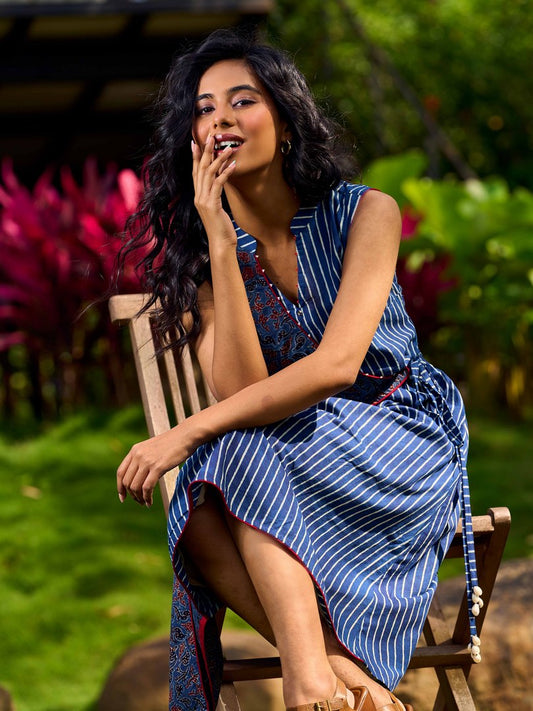 Elegant Ajrakh and Striped Indigo Cotton Wrap Dress with Tie-Up Accents