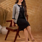 Tailored Grey White Ikat Cotton Cropped Jacket with Front Pockets and Black Border Detail