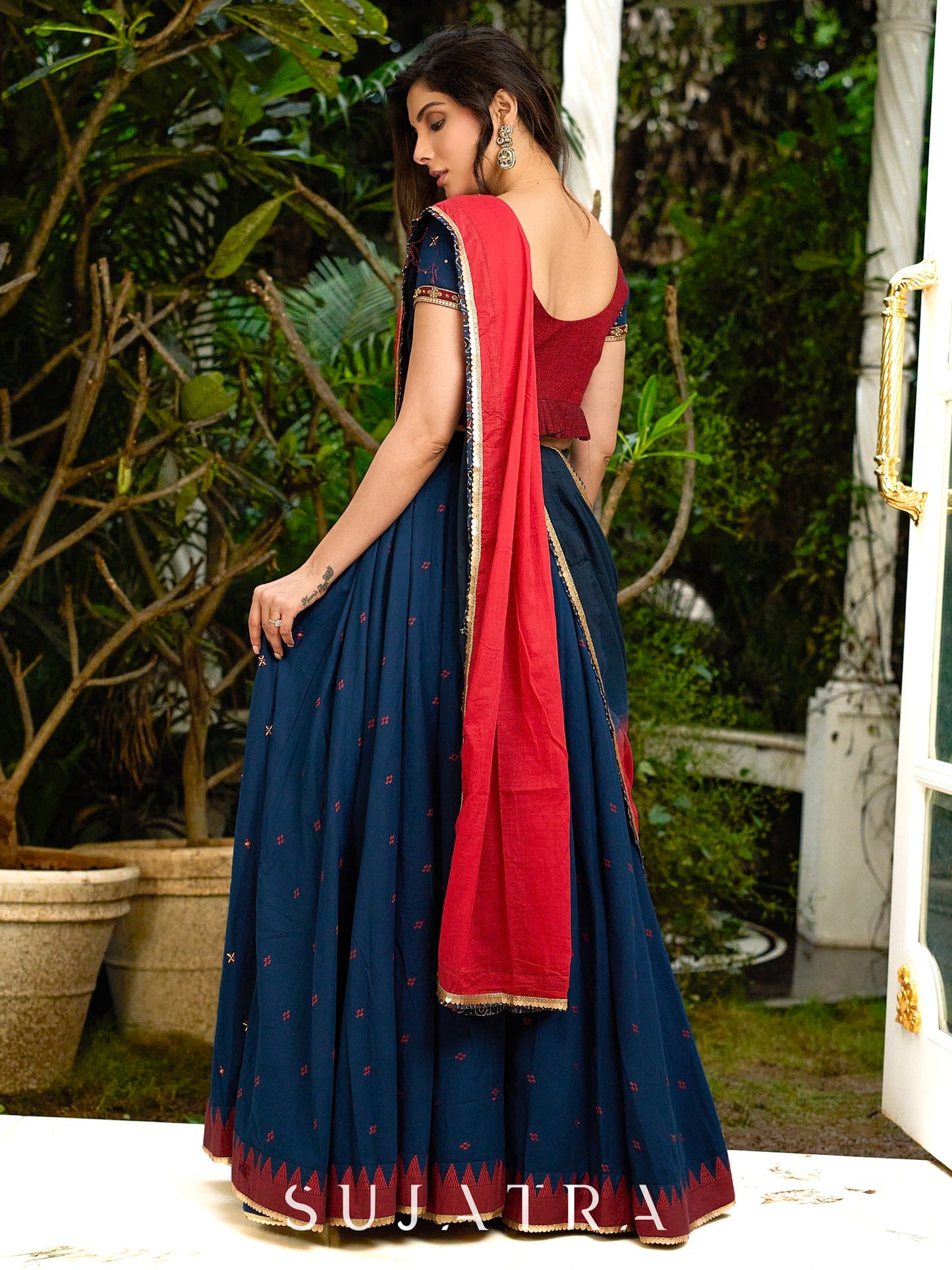 A Modern Royal ensemble - Stunning Jamdani Lehenga Choli with a monochrome blue base & contrast maroon and all over Zardosi embroidery - Shaded Dupatta Optional