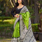 Handloom Green Pure Silk Block Printed Saree with Black & White Warli Motifs