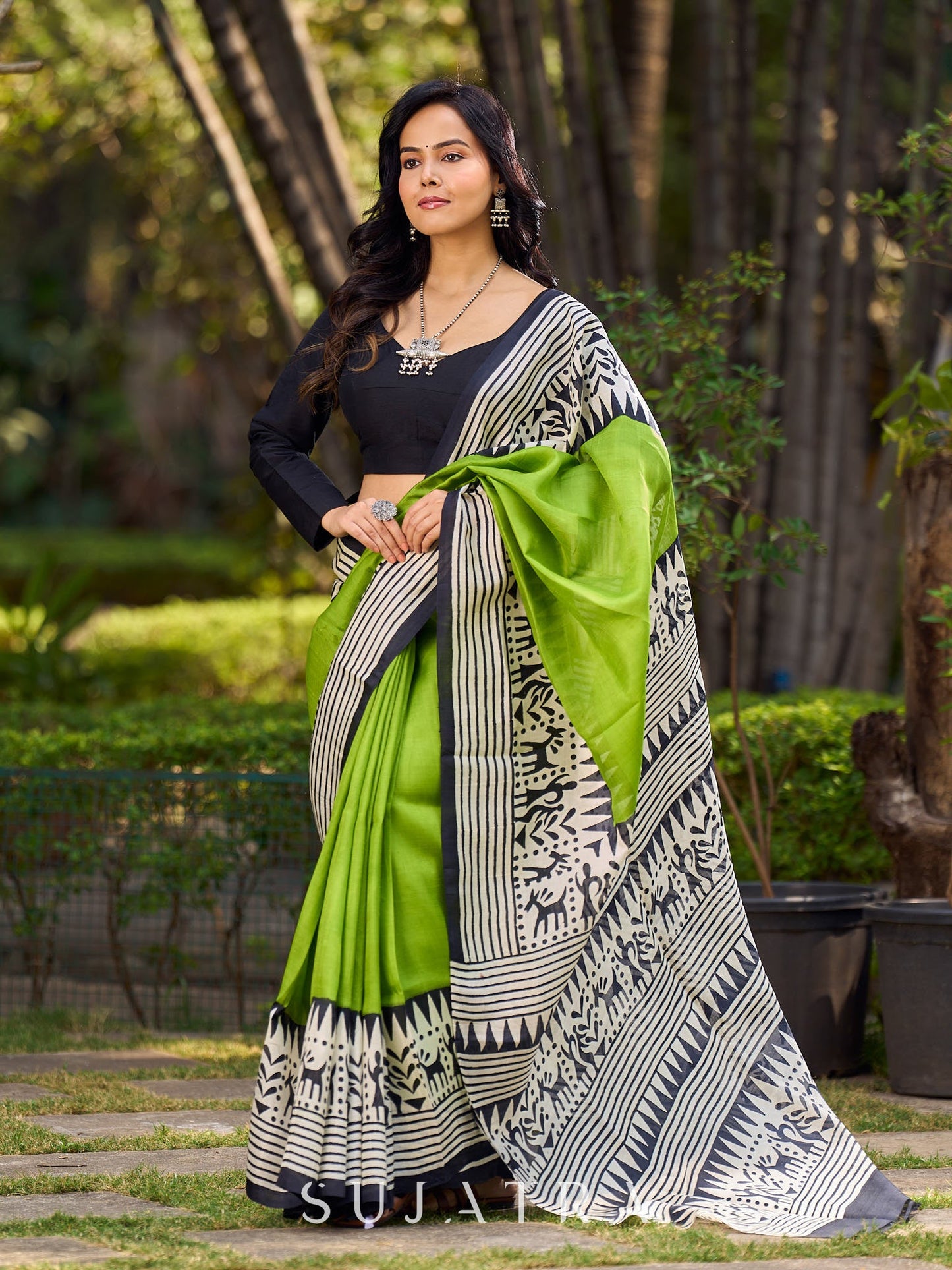 Handloom Green Pure Silk Block Printed Saree with Black & White Warli Motifs