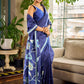 Minimalist Navy Pure Silk Saree with Painted Floral Pallu & Light Blue Trim