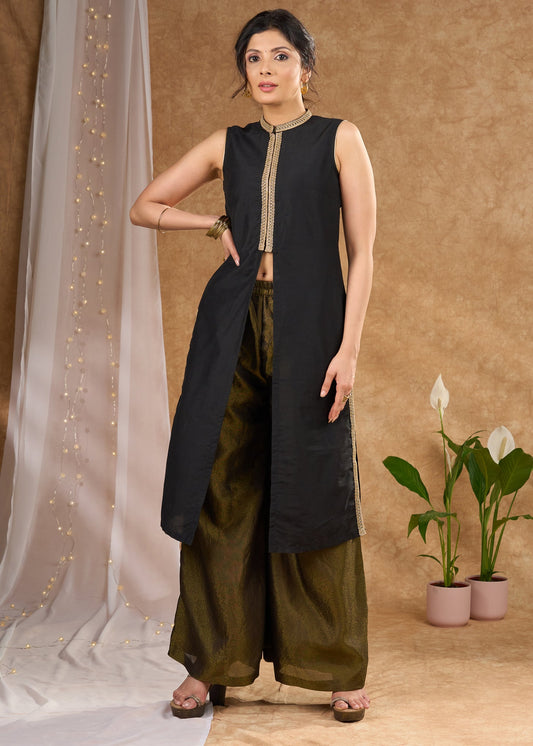 Stylish black cotton silk sleeveless kurta Tissue palazzo optional