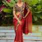 Traditional Rust Modal Silk Saree with Hand Embroidered Mirror Work & Kalamkari Printed Border