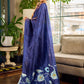 Minimalist Navy Pure Silk Saree with Painted Floral Pallu & Light Blue Trim