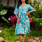 Sea Green Floral Cotton Dress with Lace-Trimmed Neckline and Puffy Sleeves