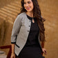 Tailored Grey White Ikat Cotton Cropped Jacket with Front Pockets and Black Border Detail