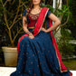 A Modern Royal ensemble - Stunning Jamdani Lehenga Choli with a monochrome blue base & contrast maroon and all over Zardosi embroidery - Shaded Dupatta Optional