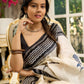 Pure silk saree with bold black block prints and timeless grace