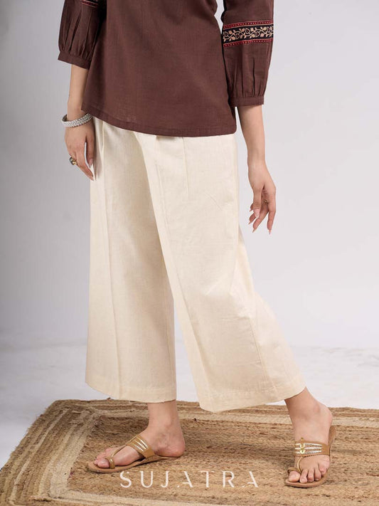 Off White Cotton Flex Soft Pleated Pants