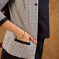 Tailored Grey White Ikat Cotton Cropped Jacket with Front Pockets and Black Border Detail