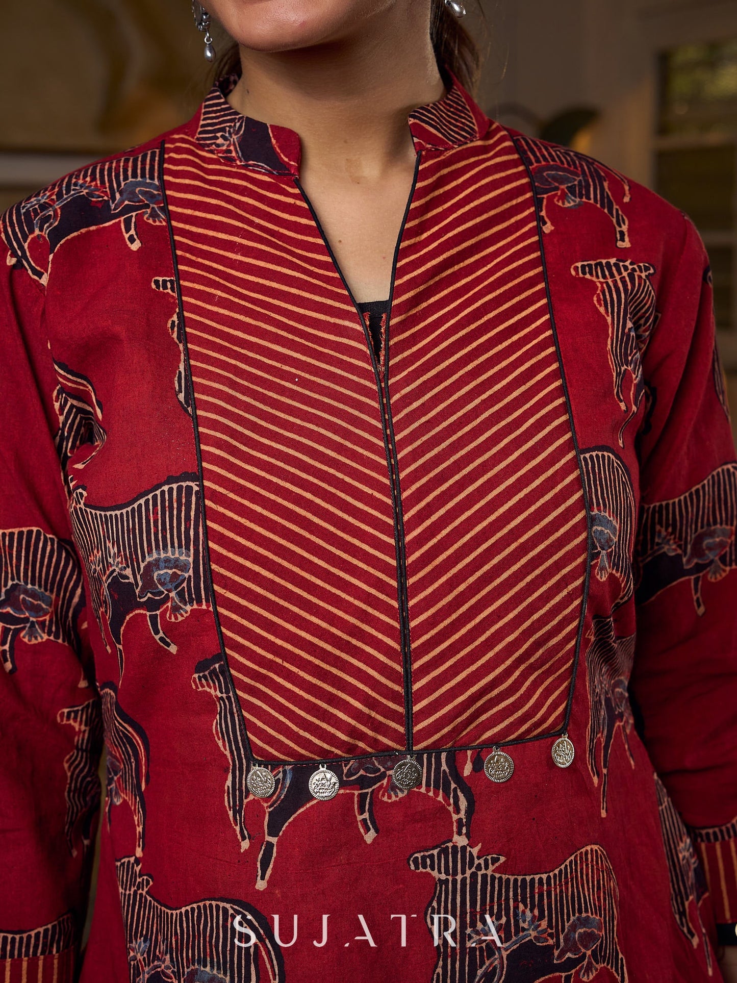 Luxe Maroon Ajrakh Animal Motif Top with Maroon Line Yoke and Silver Embellishments