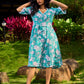 Sea Green Floral Cotton Dress with Lace-Trimmed Neckline and Puffy Sleeves