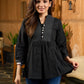 Blissful Black Gathered Cotton Top with Ikat Lines Yoke