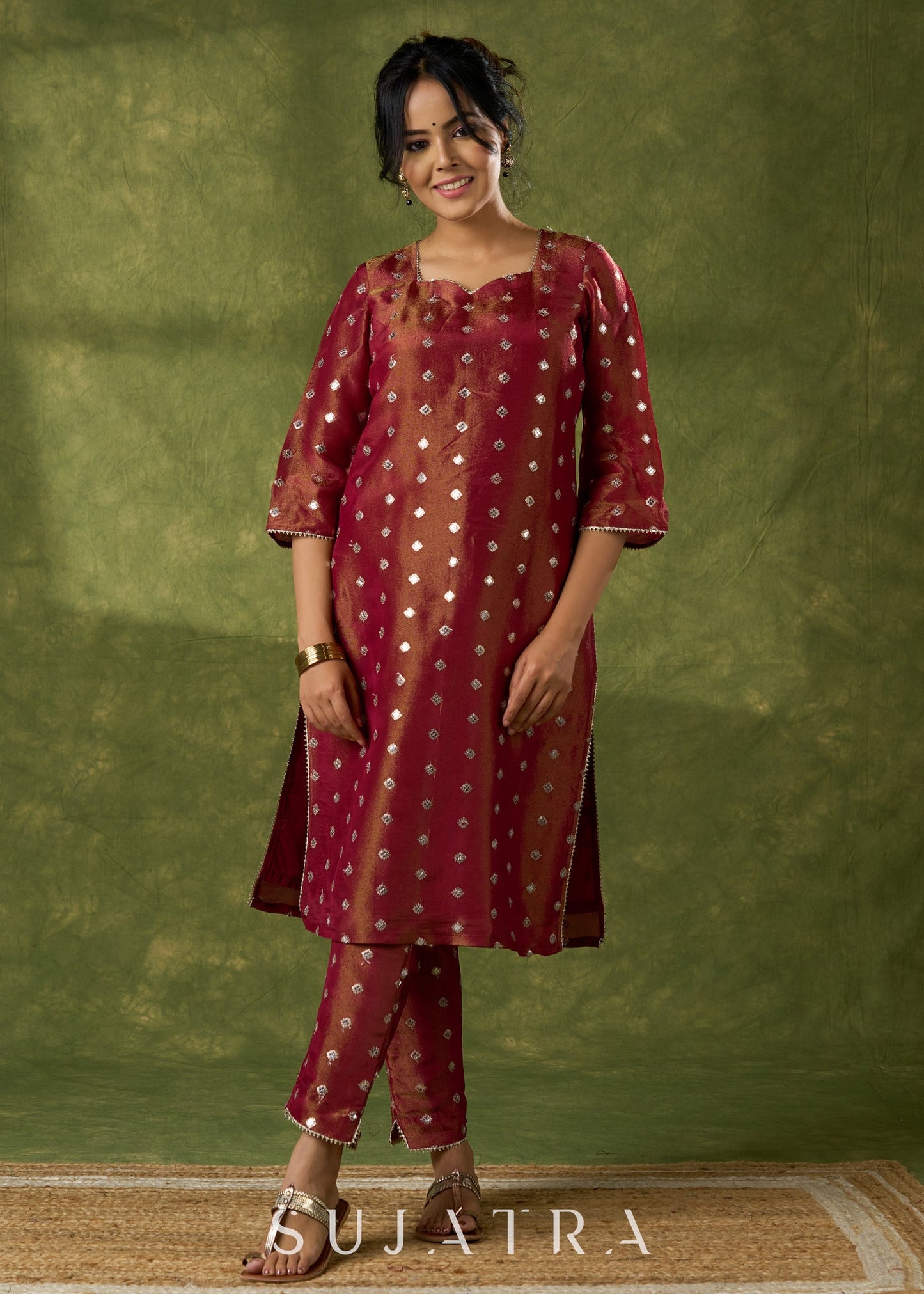 Beautiful Rust Self-Embellished Tissue Kurta - Pant Optional