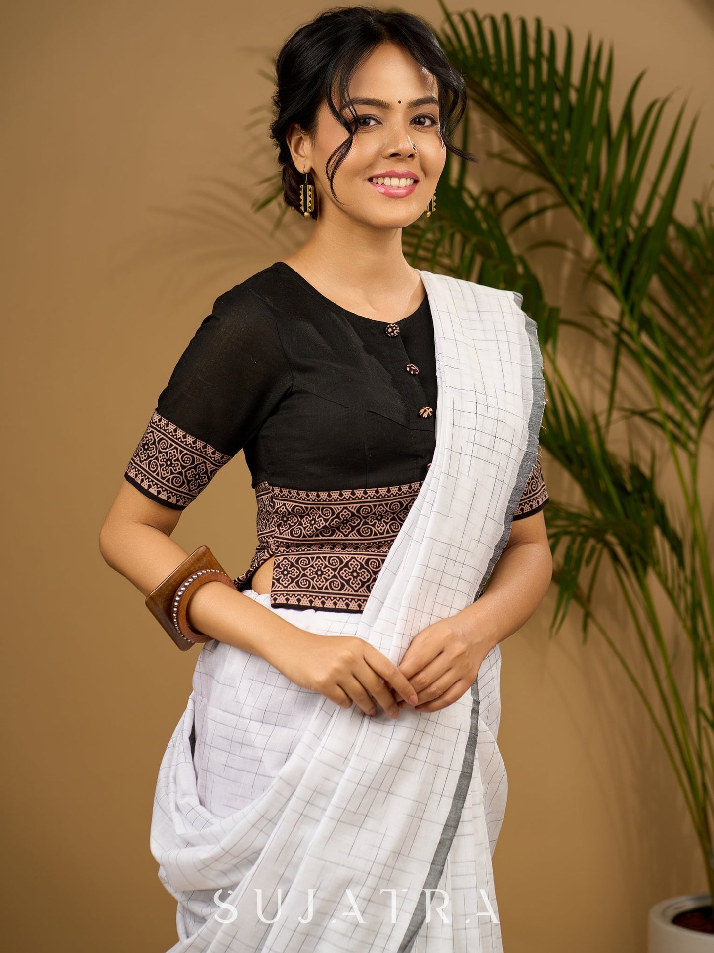Trendy combination of black cotton ajrakh blouse