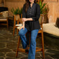 Blissful Black Gathered Cotton Top with Ikat Lines Yoke