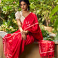 Striking Red Cotton Saree with Minimal Floral & Polka Print